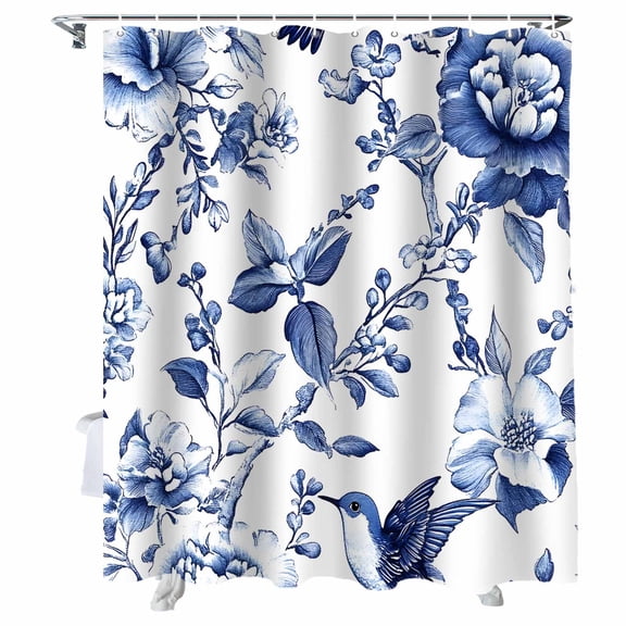 Shower Curtains Blue Flowers Bath Curtain Bird Waterproof Bathroom Shower Curtain Set with Hooks Decoration 72 x 72 Inches
