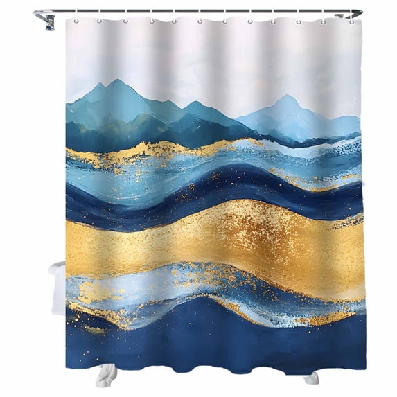 Shower Curtains Blue Ocean Waves Bath Curtain Golden Modern Abstract Waterproof Bathroom Shower Curtain Set with Hooks Decoration 72 x 72 Inches