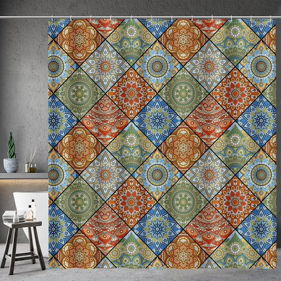 Shower Curtains Colorful Mandala Rhombus Pattern Modern Bohemian Chic Shower Curtain Set with 12 Hooks for Bathroom Decor Accessories Bathtub Curtain, 72"x72"