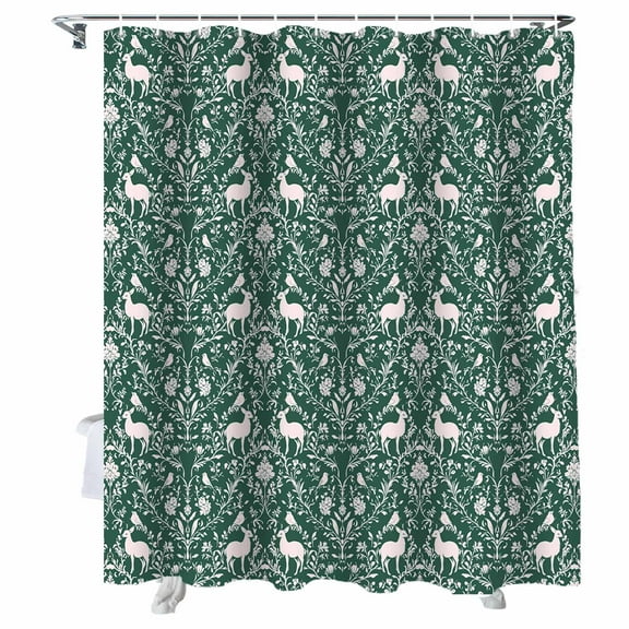 Shower Curtains Deer Animal Bath Curtain Bird Flower Branches Leaves Green Waterproof Bathroom Shower Curtain Set with Hooks Decoration 36 x 72 Inches