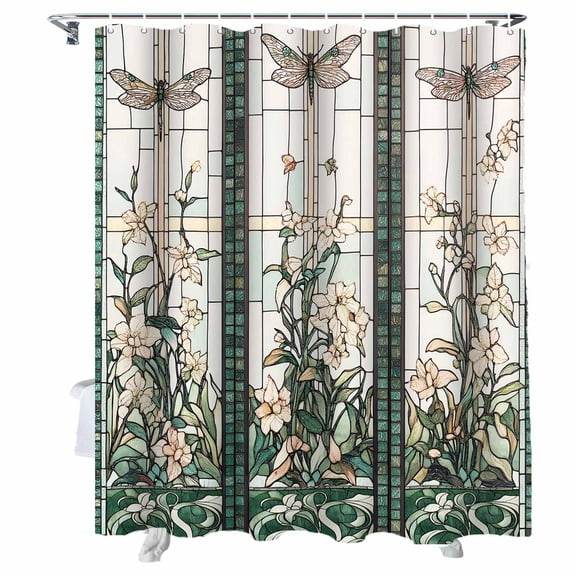 Shower Curtains Dragonfly Bath Curtain Retro Green Leaves Floral Waterproof Bathroom Shower Curtain Set with Hooks Decoration 36 x 72 Inches