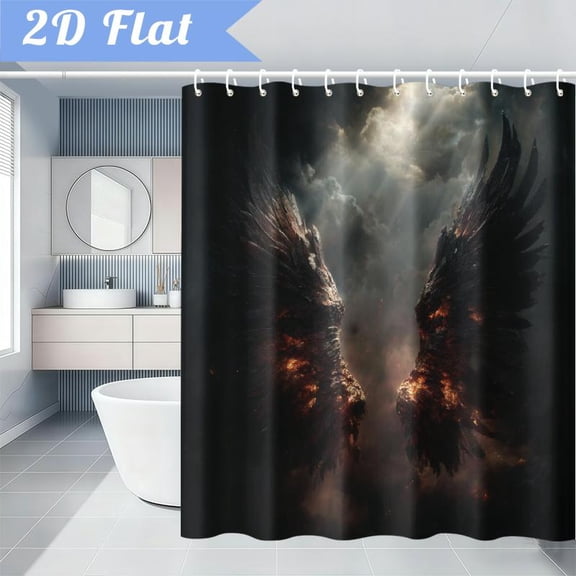 Shower Curtains Flaming Angel Wings Shower Curtain, Dark Fantasy Wing Design with Fire Effects, Bathroom Decor for Home Bath Tub, Black and Orange Art Print, 70X70 Inch with 12 Hooks