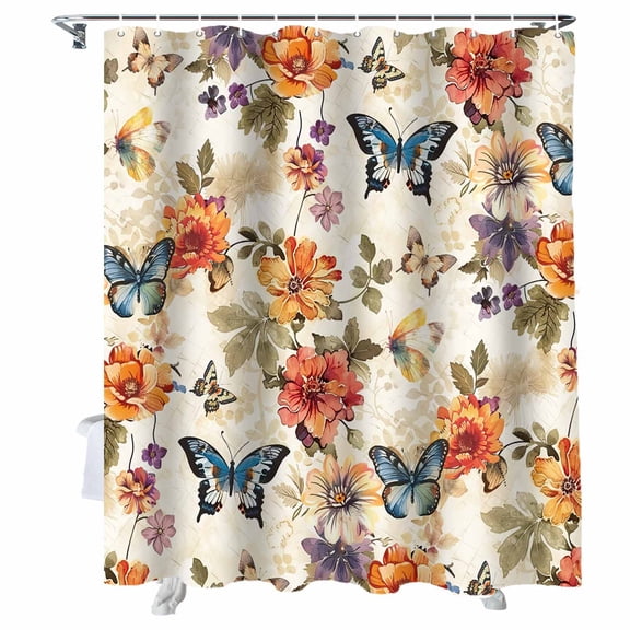Shower Curtains Flower Butterfly Bath Curtain Vintage Floral Waterproof Bathroom Shower Curtain Set with Hooks Decoration 36 x 72 Inches