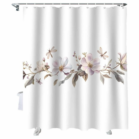 Shower Curtains Flowers Dragonfly Bath Curtain Watercolor Style Waterproof Bathroom Shower Curtain Set with Hooks Decoration 72 x 72 Inches