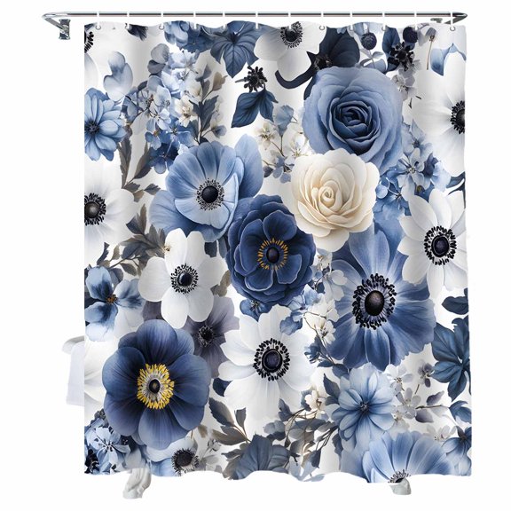 Shower Curtains Flowers Pastoral Bath Curtain Blue White Floral Waterproof Bathroom Shower Curtain Set with Hooks Decoration 72 x 72 Inches