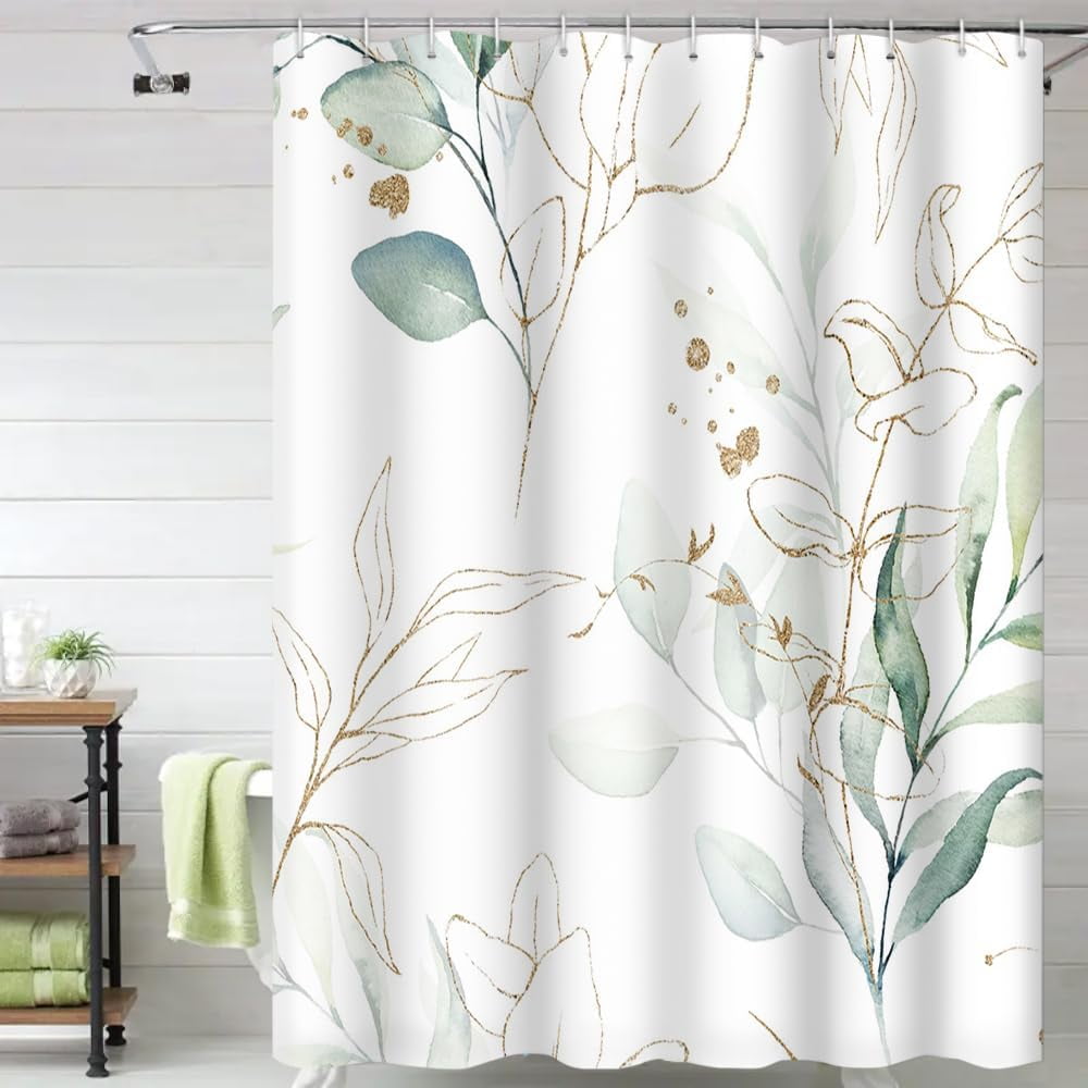 Shower Curtains Green Eucalyptus Leaves Gold Leaf Pattern Modern