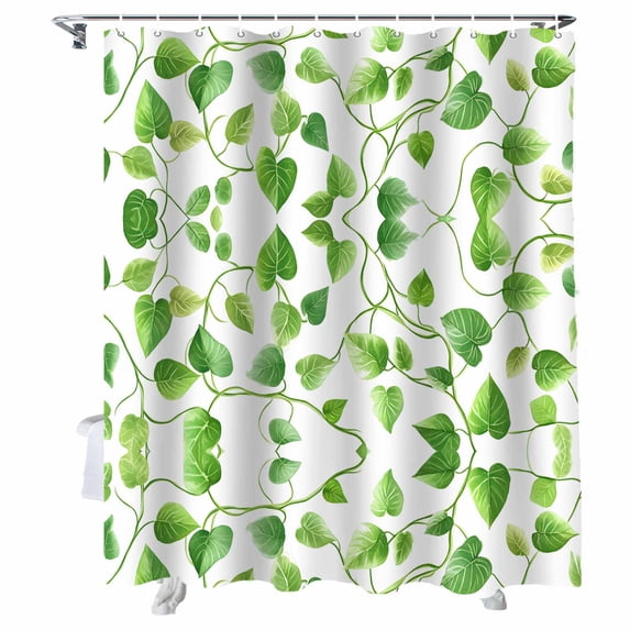 Shower Curtains Green Leaf Vine Bath Curtain White Backgrund Waterproof Bathroom Shower Curtain Set with Hooks Decoration 72 x 72 Inches
