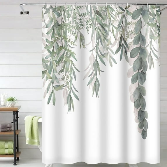 Shower Curtains Green Sage Leaves Modern Fresh Nature Bathroom Decor Fabric Waterproof Polyester Watercolor Leaf Bath Curtain Set with Hooks, 72x84 Inch
