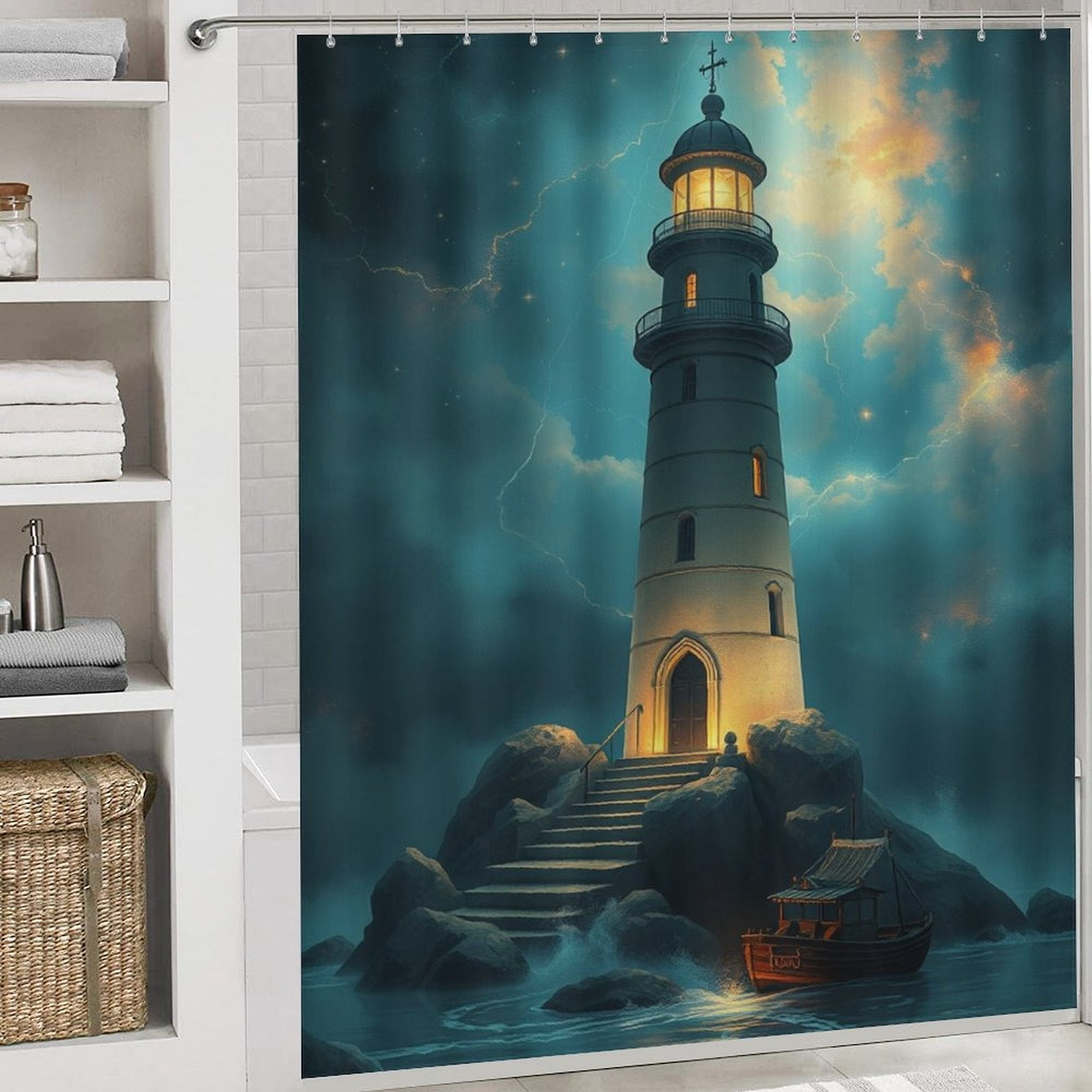Shower Curtains Lighthouse Stormy Night Sea Bath Curtain Modern Simple