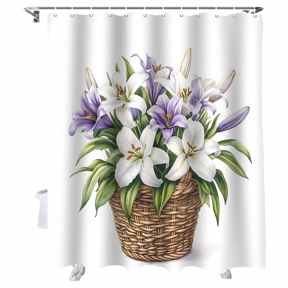 Shower Curtains Ombre Purple White Lily Bath Curtain Watercolor Art Waterproof Bathroom Shower Curtain Set with Hooks Decoration 36 x 72 Inches