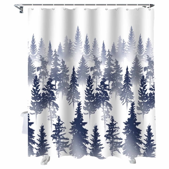 Shower Curtains Pine Tree Bath Curtain Nature Foggy Forest Blue Ombre Waterproof Bathroom Shower Curtain Set with Hooks Decoration 36 x 72 Inches