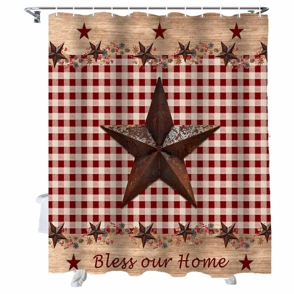 Shower Curtains Retro Country Star Farmhouse Bath Curtain Red White Plaid Waterproof Bathroom Shower Curtain Set with Hooks Decoration 72 x 72 Inches