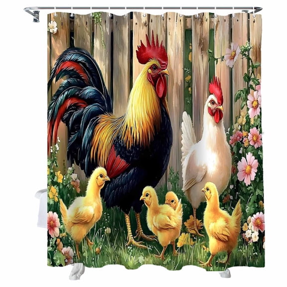 Shower Curtains Rooster Chicken Pink Flowers Bath Curtain Watercolor Art Waterproof Bathroom Shower Curtain Set with Hooks Decoration 36 x 72 Inches