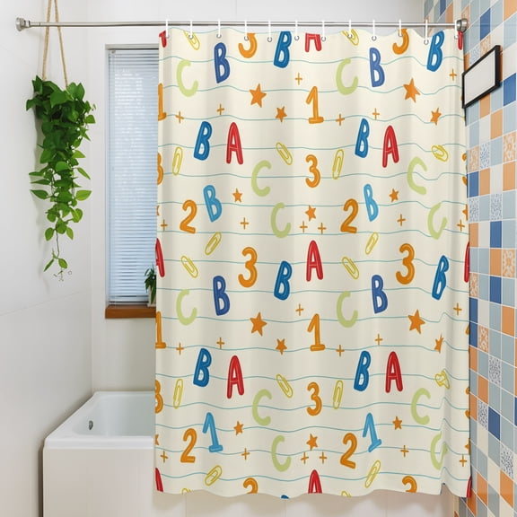 Shower Curtains Sets for Bathroom Decor Alphabet Letters Numbers Waterproof Bathroom Curtain with Hooks, Educational Learning Pattern for Bathroom Decor, 36X72IN