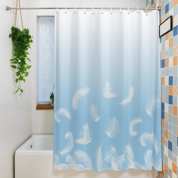 Shower Curtains Sets for Bathroom Decor Animal Feather Blue Gradient Waterproof Bathroom Curtain with Hooks, Furry White Feather for Bathroom Decor, 36X72IN