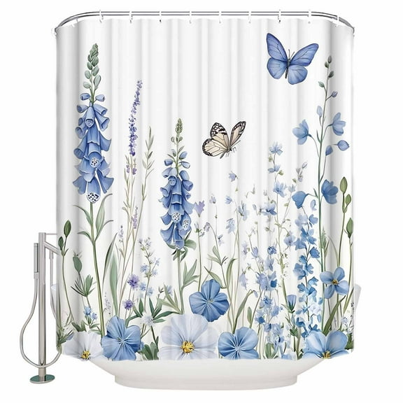 Shower Curtains Sets for Bathroom Decor Farm Blue Flowers ButterflyWaterproof Bathroom Curtain with Hooks,Watercolor Country Floralfor Bathroom Decor,60x72IN