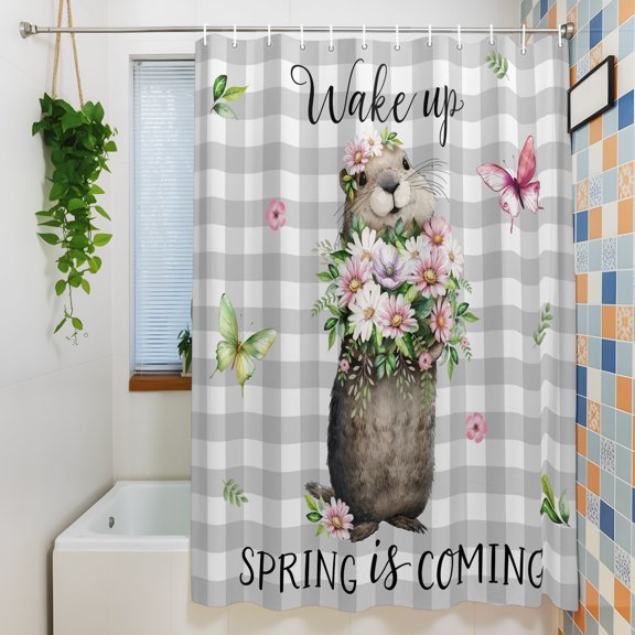 Shower Curtains Sets for Bathroom Decor Farm Groundhog Butterfly Waterproof Bathroom Curtain with Hooks, Wake up Spring Is Coming for Bathroom Decor, 72X72IN