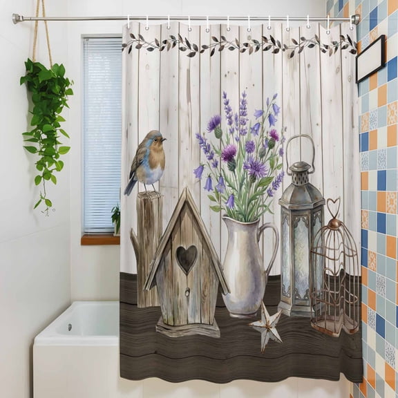 Shower Curtains Sets for Bathroom Decor Farmhouses Birds Cages Country Stars Waterproof Bathroom Curtain with Hooks, Lavender in Vases for Bathroom Decor, 36X72IN