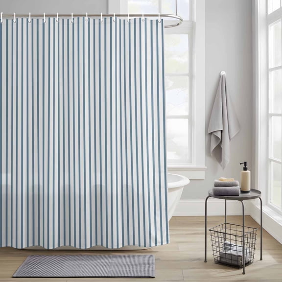 Shower Curtains Sets for Bathroom Decor Light Blue White Pinstriped Waterproof Bathroom Curtain with Hooks, Classic Geometric Striped for Bathroom Decor, 36X72IN
