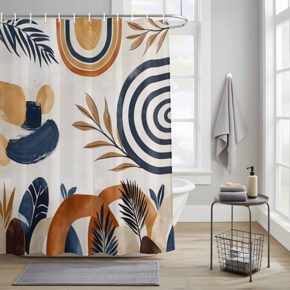 Shower Curtains Sets for Bathroom Decor Mid Century Abstract Geometric Waterproof Bathroom Curtain with Hooks, Boho Leaves Nordic Arch Sun for Bathroom Decor, 36X72IN