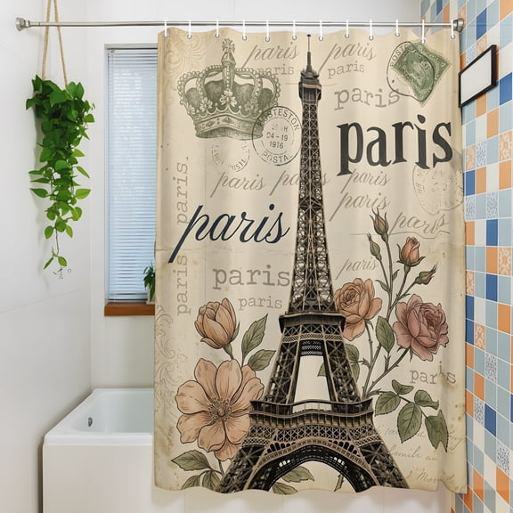 Shower Curtains Sets for Bathroom Decor Paris Architecture Tower Crown Waterproof Bathroom Curtain with Hooks, Blossom Flower Stamp Texture for Bathroom Decor, 36X72IN