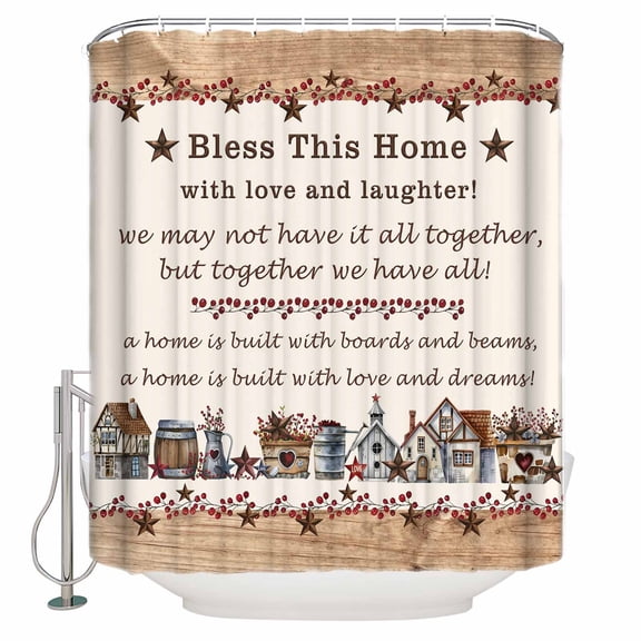 Shower Curtains Sets for Bathroom Decor Retro Country Farm Star Wood Grain Waterproof Bathroom Curtain with Hooks, Bless This Home for Bathroom Decor,72x72IN