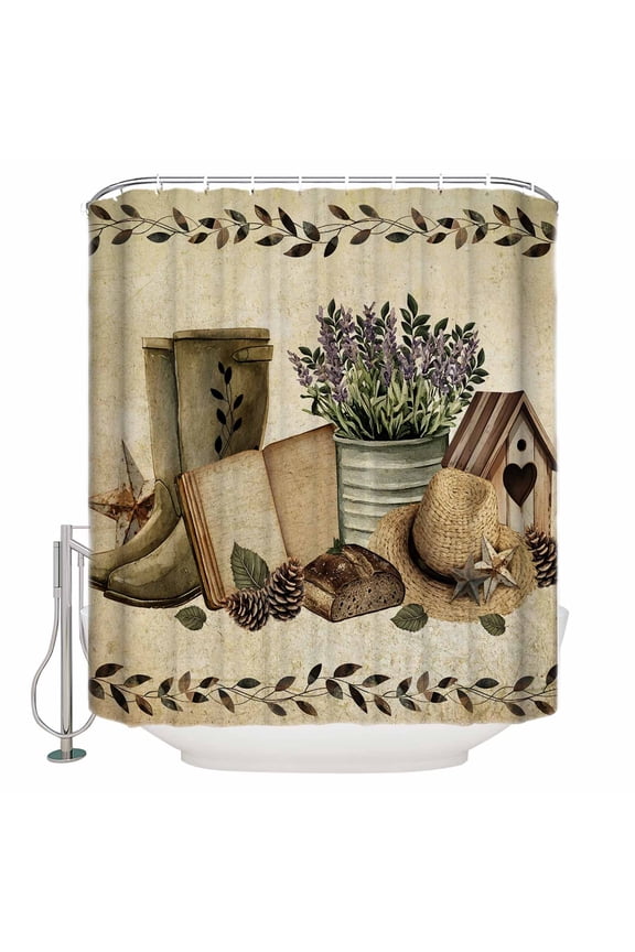 Shower Curtains Sets for Bathroom Decor Retro Farmhouse Theme Waterproof Bathroom Curtain with Hooks, Country Vintage Flower Leaf Boots Plant for Bathroom Decor,36x72IN