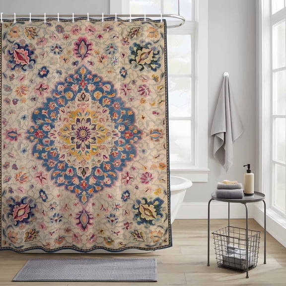 Shower Curtains Sets for Bathroom Decor Retro Turkish Tradition Flower Waterproof Bathroom Curtain with Hooks, Medieval Ethnic Pattern for Bathroom Decor, 72X72IN