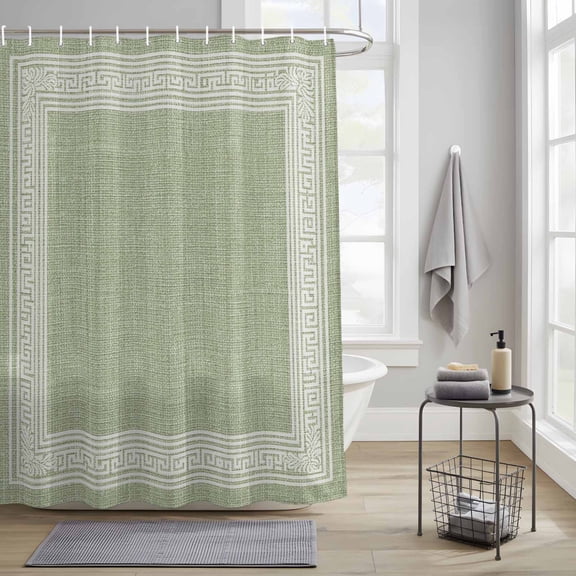 Shower Curtains Sets for Bathroom Decor Sage Green Linen Burlap Key Waterproof Bathroom Curtain with Hooks, Abstract Greek Inspired Texture for Bathroom Decor, 60X72IN
