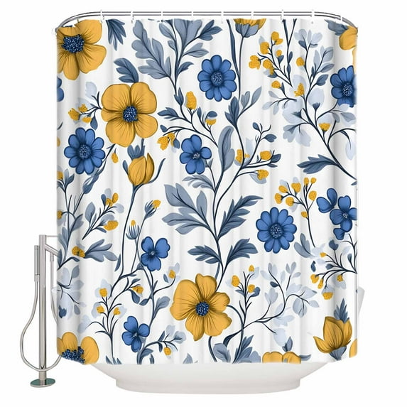 Shower Curtains Sets for Bathroom Decor Spring Yellow Blue Flower on WhiteWaterproof Bathroom Curtain with Hooks,Seamless Floral Leavesfor Bathroom Decor,36x72IN