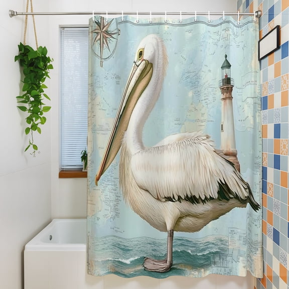 Shower Curtains Sets for Bathroom Decor Summer Coastal Bird Lighthouse Waterproof Bathroom Curtain with Hooks, Retro Nautical Compass Map for Bathroom Decor, 36X72IN