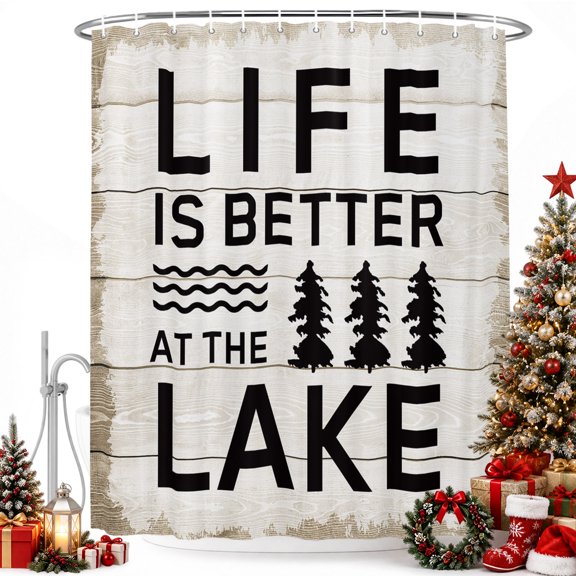 Shower Curtains Sets for Bathroom Decor Summer Quotes Lake and Forest Waterproof Bathroom Curtain with Hooks, Farm Wooden Frain for Bathroom Decor, 36X72IN
