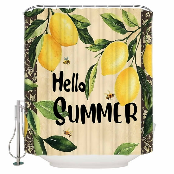 Shower Curtains Sets for Bathroom Decor Summer Vintage Lemon Leaf BeeWaterproof Bathroom Curtain with Hooks,Rustic Pastoral Fruit Themefor Bathroom Decor,36x72IN