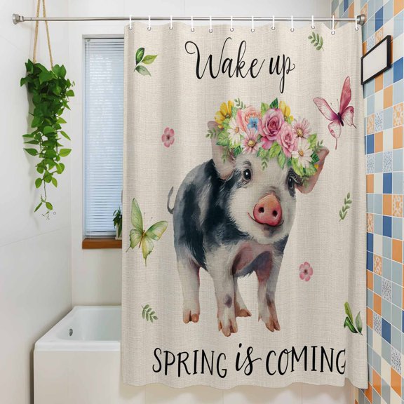 Shower Curtains Sets for Bathroom Decor Vintage Farm Pig Flowers Waterproof Bathroom Curtain with Hooks, Wake up Spring Is Coming for Bathroom Decor, 72X72IN