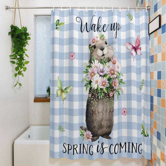 Shower Curtains Sets for Bathroom Decor Wake up Spring Is Coming Waterproof Bathroom Curtain with Hooks, Country Groundhog Flowers for Bathroom Decor, 72X72IN