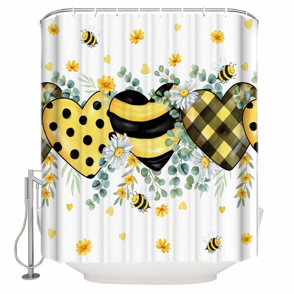 Shower Curtains Sets for Bathroom Decor Watercolor Love Heart Waterproof Bathroom Curtain with Hooks, Pastoral Bee Flower Eucalyptus Leaf for Bathroom Decor,60x72IN