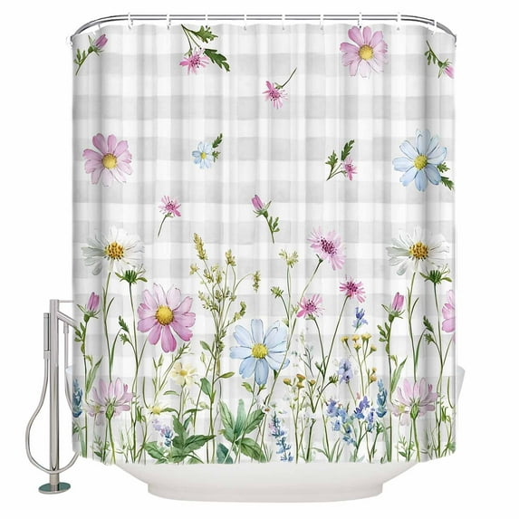 Shower Curtains Sets for Bathroom Decor Watercolor Pastoral FlowersWaterproof Bathroom Curtain with Hooks,Pink Blue Floral on Plaidfor Bathroom Decor,72x72IN