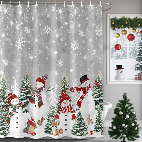 Shower Curtains Sets for Bathroom Decor Xmas Trees Rabbits Squirrels Waterproof Bathroom Curtain with Hooks, Winter Snowmen Snowflakes for Bathroom Decor,72x72IN