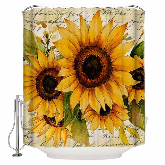 Shower Curtains Sets for Bathroom Decor Watercolor Sunflower LeavesWaterproof Bathroom Curtain with Hooks,Vintage Letterfor Bathroom Decor,36x72IN