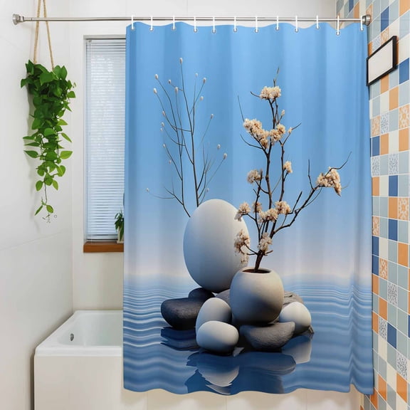 Shower Curtains Sets for Bathroom Decor Zen Stones Flowers on Water Waterproof Bathroom Curtain with Hooks, Blue Gradient for Bathroom Decor, 36X72IN