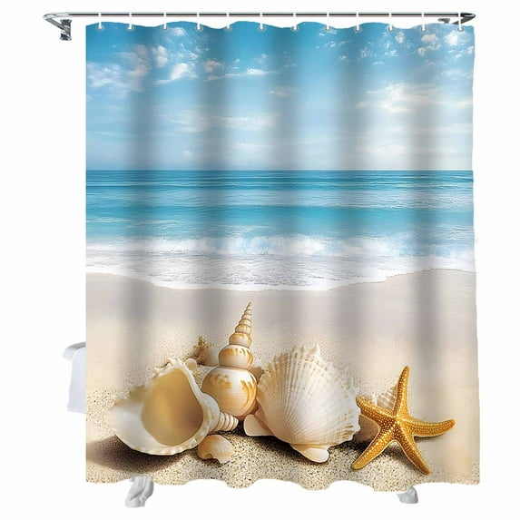 Shower Curtains Summer Beach Bath Curtain Starfish Shell Ocean Waterproof Bathroom Shower Curtain Set with Hooks Decoration 72 x 72 Inches