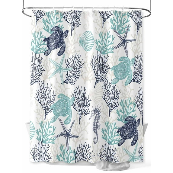 Shower Curtains Summer Ocean Blue Sea Coral Bath Curtain Shell Star Turtle Waterproof Bathroom Shower Curtain Set with Hooks Decoration 72 x 84 Inches