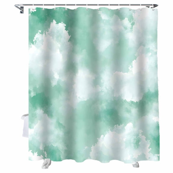 Shower Curtains Watercolor Green Sky White Cloud Bath Curtain Ombre Modern Art Waterproof Bathroom Shower Curtain Set with Hooks Decoration 72 x 72 Inches