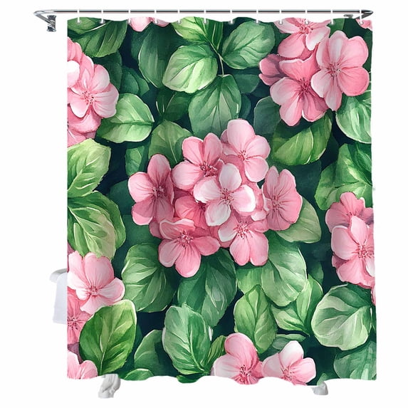 Shower Curtains Watercolor Pink Flowers Bath Curtain Green Leaves Waterproof Bathroom Shower Curtain Set with Hooks Decoration 72 x 72 Inches