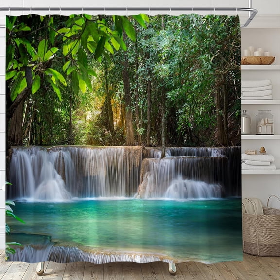 Shower Curtains Waterproof Polyester Fabric Bright Partition Curtain with Waterfall Pool Print,Shower Curtain Liner for Bathtub Bathroom with White Hooks-72"W x 96"L (Pack of 1)