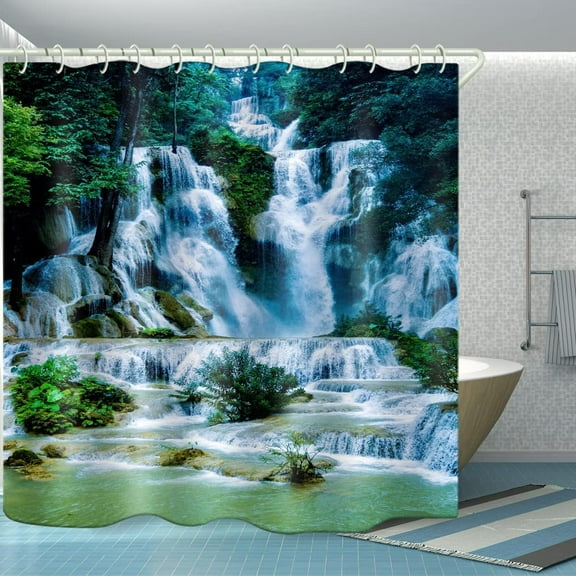 Shower Curtains Waterproof Polyester Fabric,Large Width Bright Partition Curtain with Waterfall Pool Print,Shower Curtain Liner for Bathtub Bathroom with 12 White Hooks (72 x72 inches)