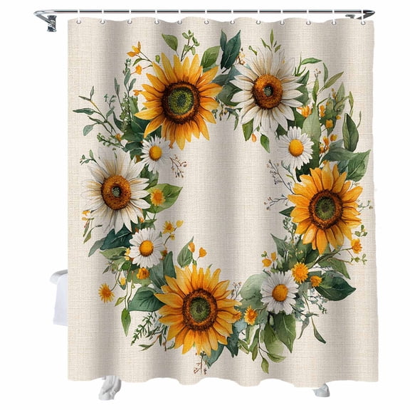 Shower Curtains White Yellow Sunflower Bath Curtain Retro Wreath Waterproof Bathroom Shower Curtain Set with Hooks Decoration 72 x 72 Inches