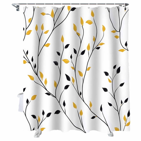 Shower Curtains Yellow Black Leaves Bath Curtain Simple Style Plant Waterproof Bathroom Shower Curtain Set with Hooks Decoration 36 x 72 Inches