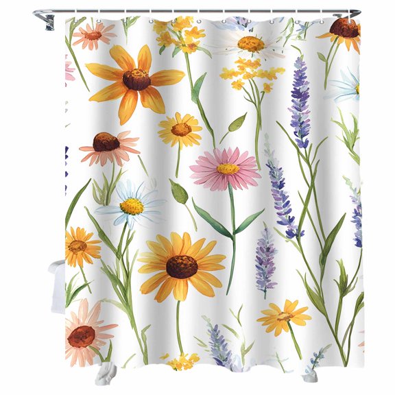 Shower Curtains Yellow Pink Daisy Floral Bath Curtain Spring Flowers Waterproof Bathroom Shower Curtain Set with Hooks Decoration 36 x 72 Inches