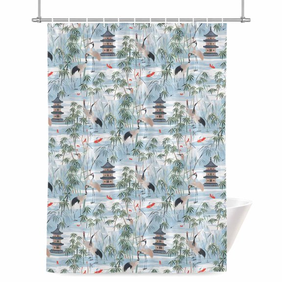Shower Curtains for Bathroom-36"x72",Chinese Style Tower Leaf Crane Waterproof Bath Curtain Grommet Shower Curtain Set with Hooks